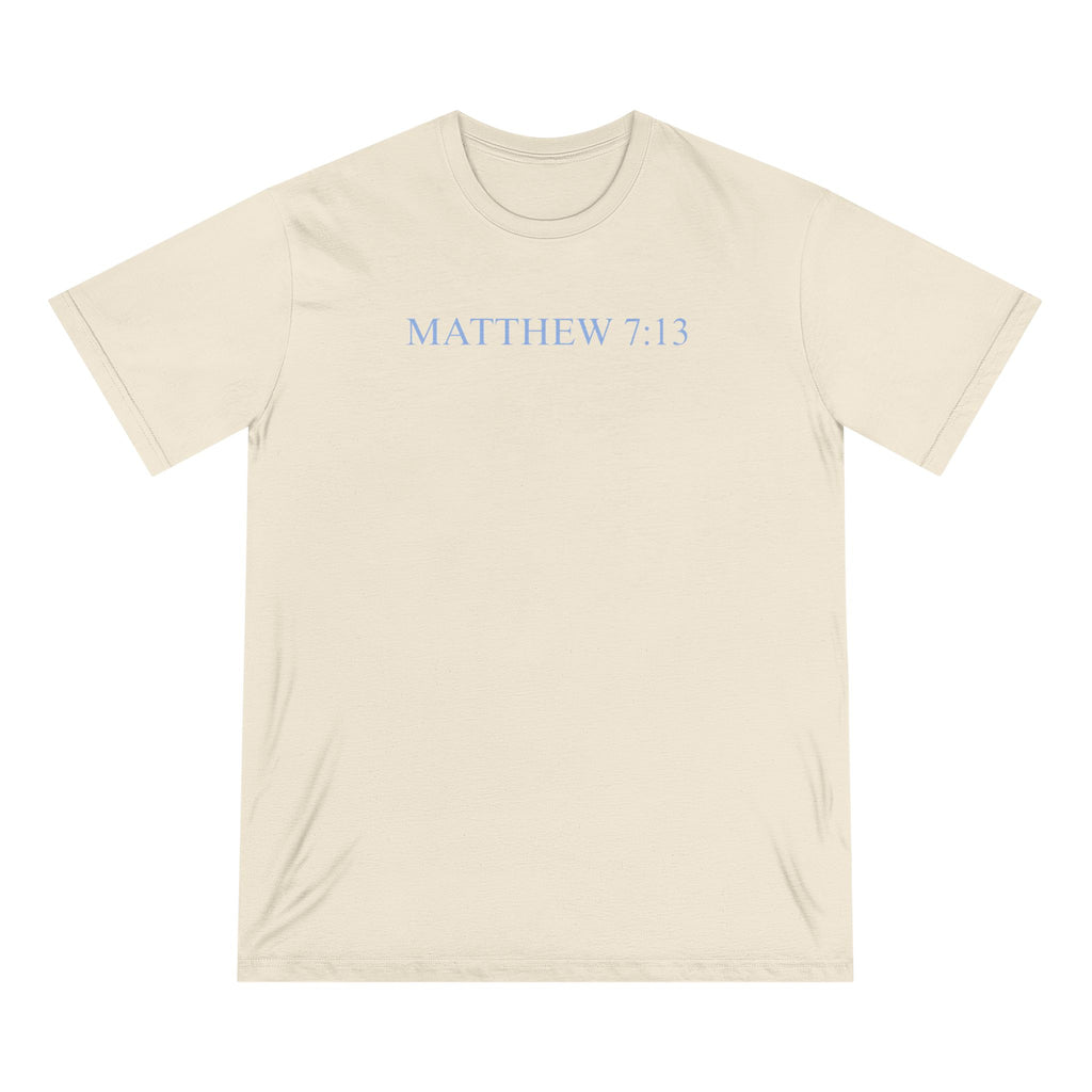 Matthew 7:13 Organic Cotton Christian T-Shirt — Scripture Graphic Tee with Pastel Landscape