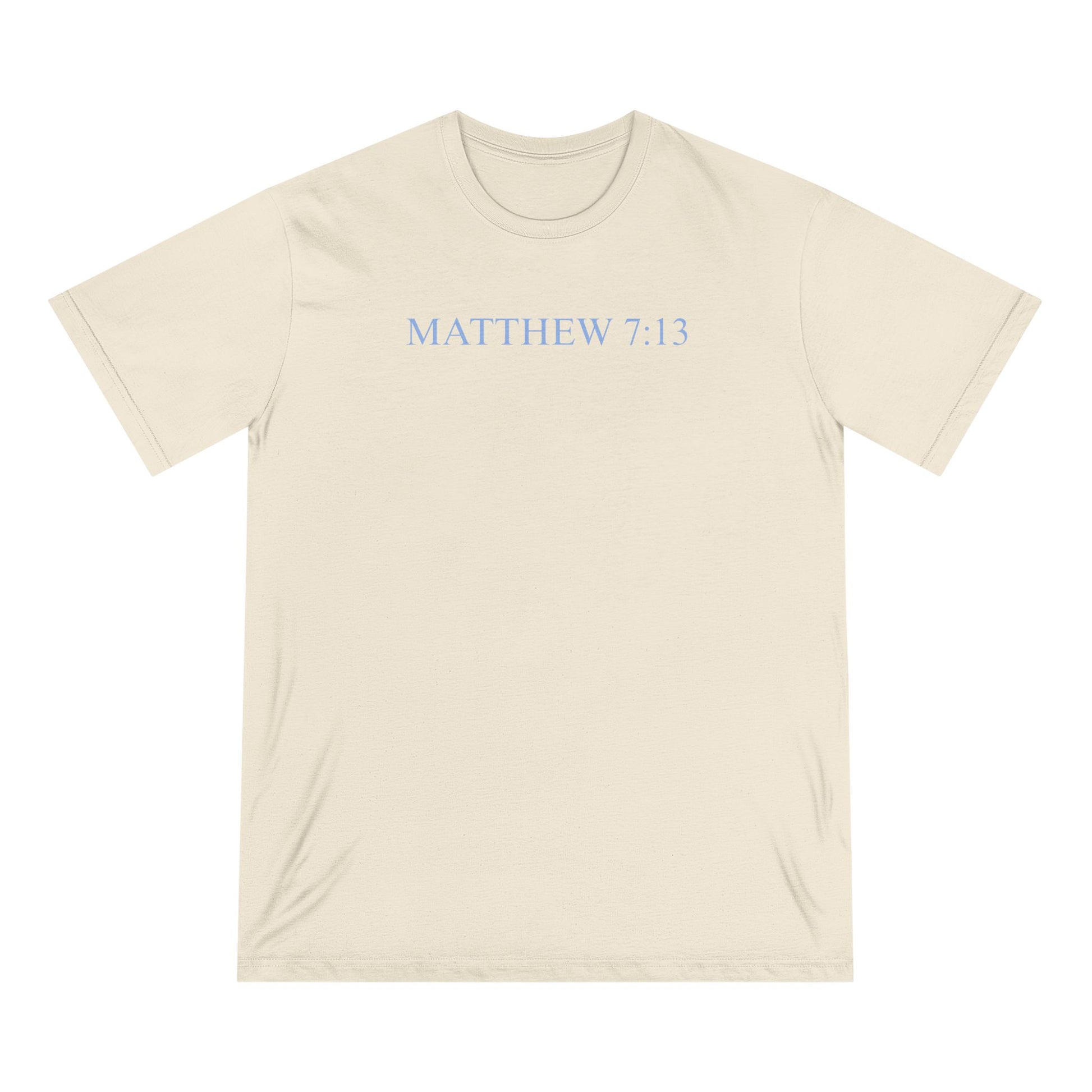 Matthew 7:13 Organic Cotton Christian T-Shirt — Scripture Graphic Tee with Pastel Landscape