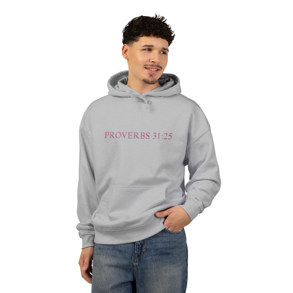Proverbs 31:25 Cotton Hoodie — Pink Cloud Scripture Fleece