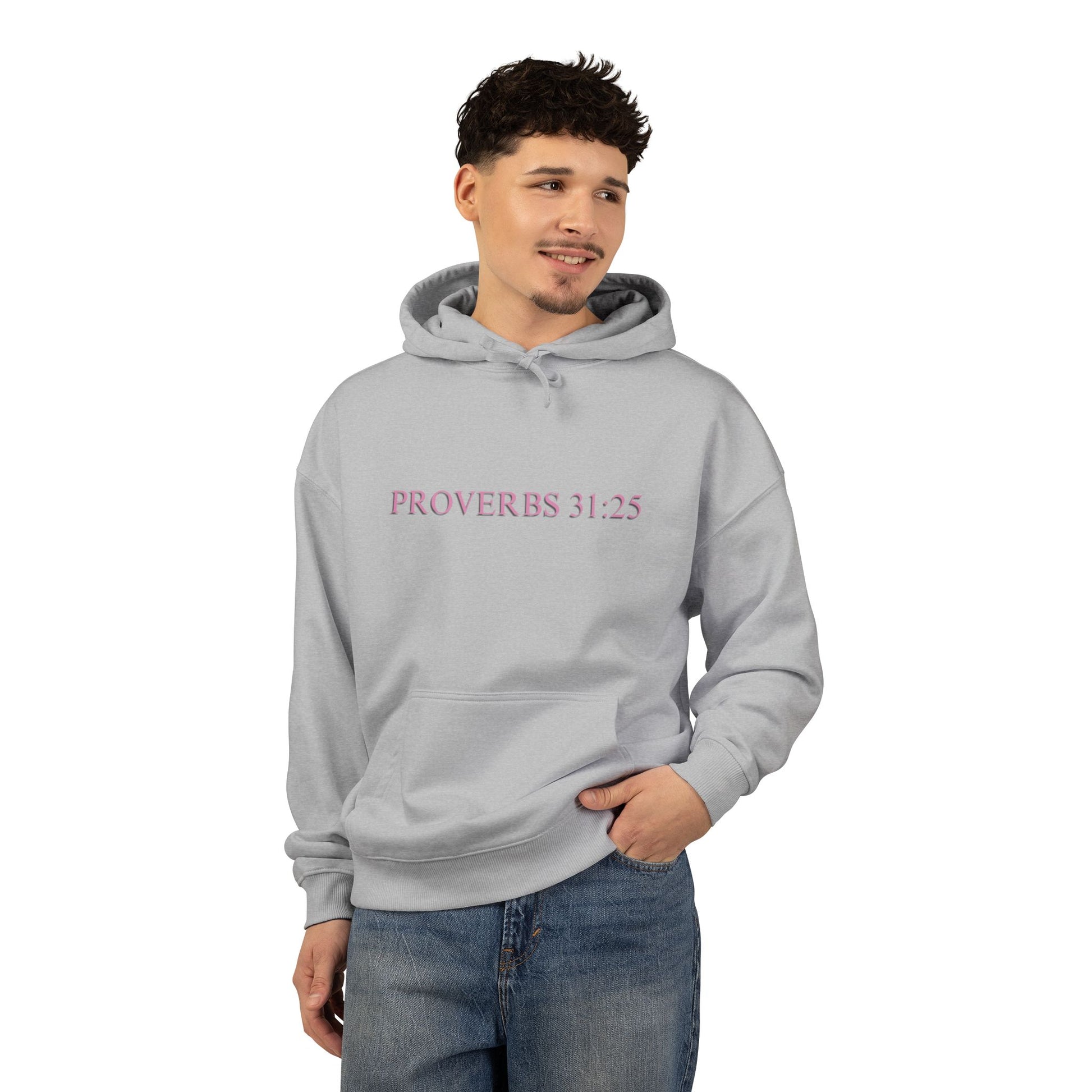 Proverbs 31:25 Cotton Hoodie — Pink Cloud Scripture Fleece