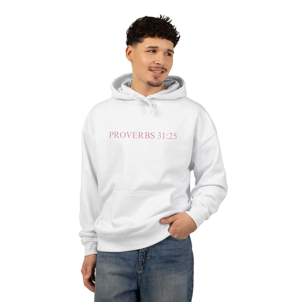 Proverbs 31:25 Cotton Hoodie — Pink Cloud Scripture Fleece