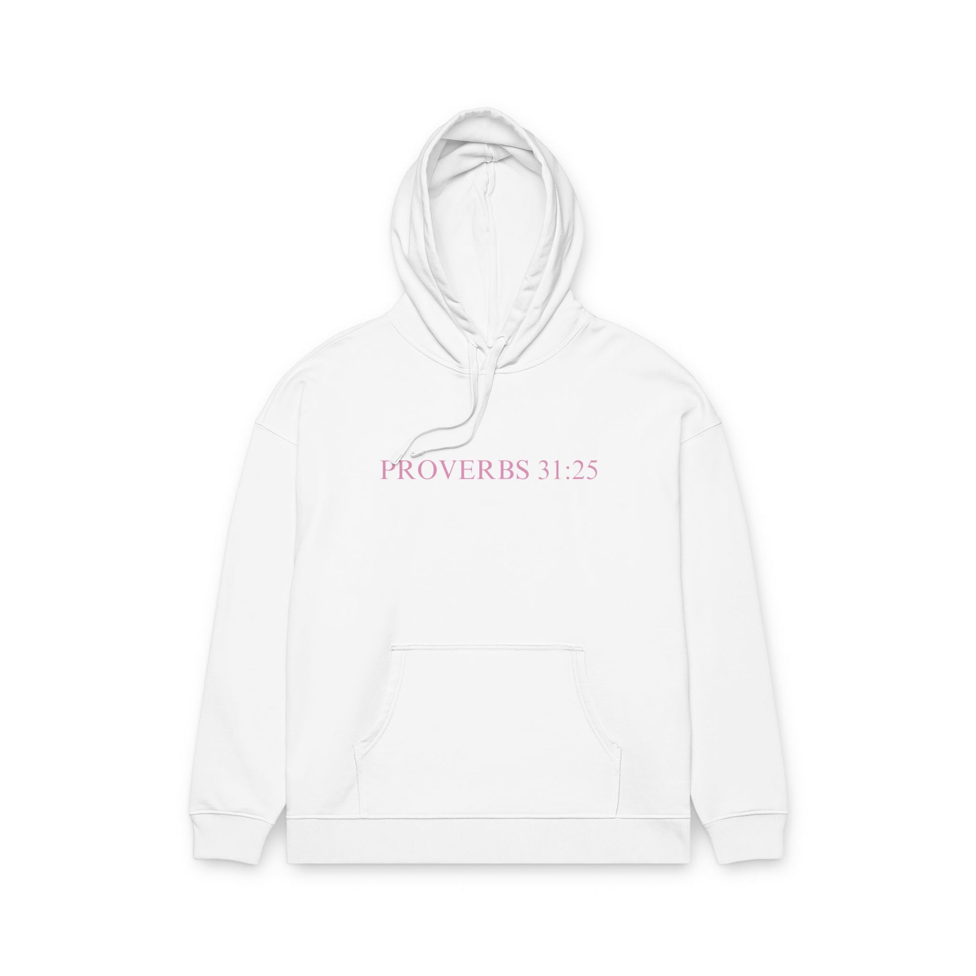 Proverbs 31:25 Cotton Hoodie — Pink Cloud Scripture Fleece