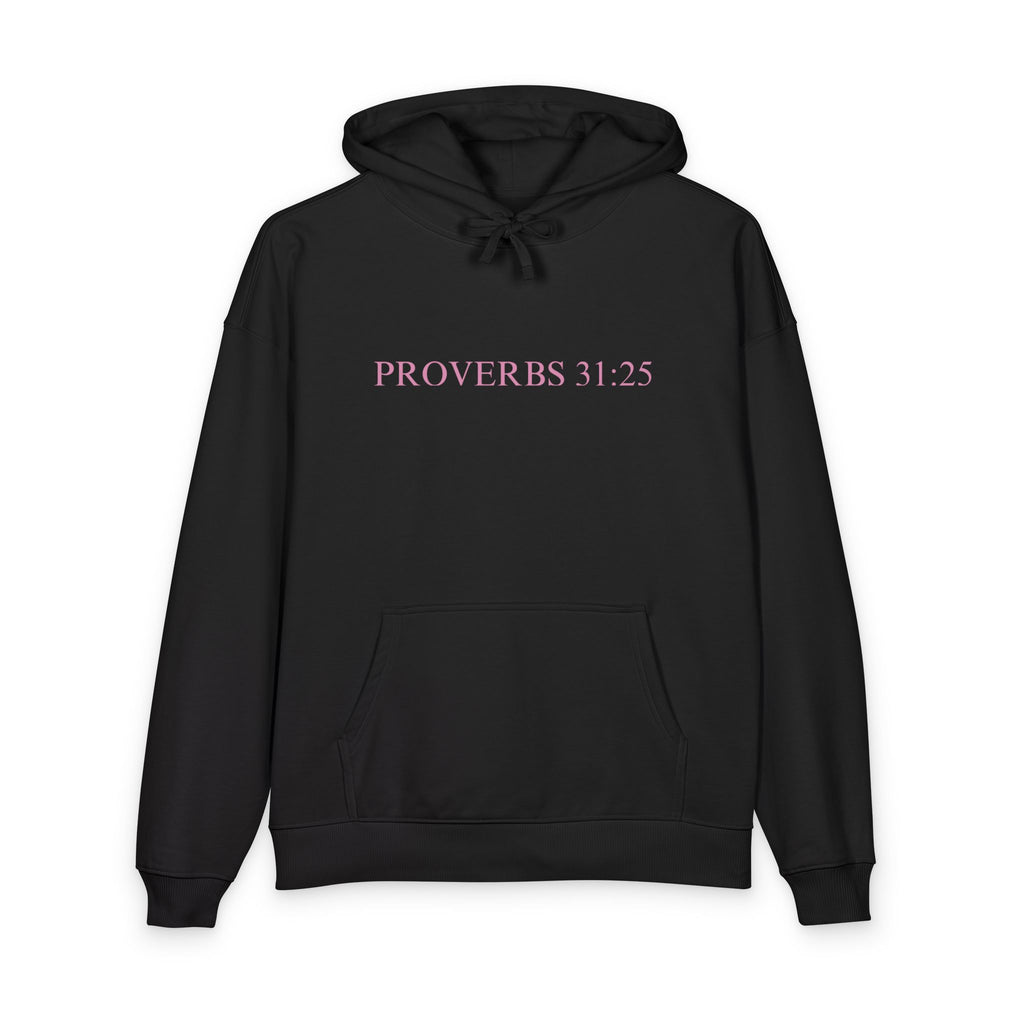 Proverbs 31:25 Cotton Hoodie — Pink Cloud Scripture Fleece