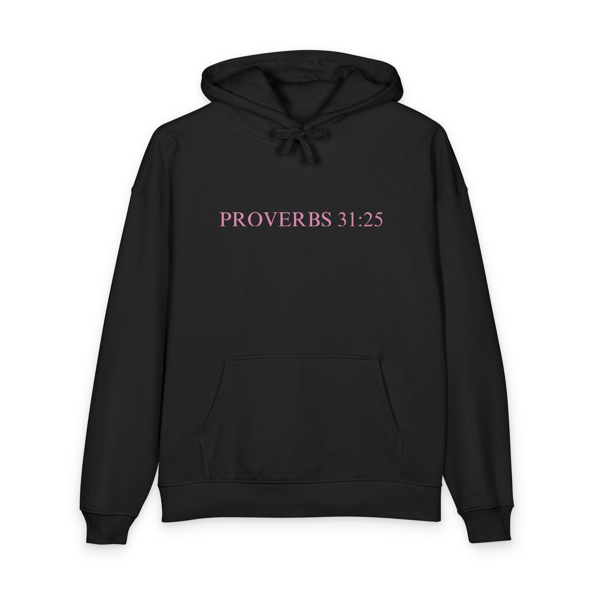 Proverbs 31:25 Cotton Hoodie — Pink Cloud Scripture Fleece