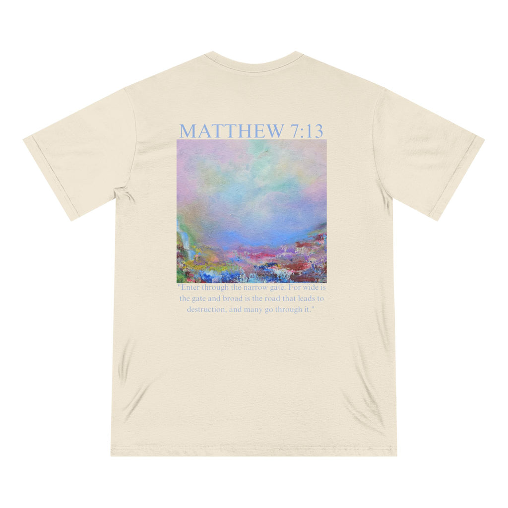 Matthew 7:13 Organic Cotton Christian T-Shirt — Scripture Graphic Tee with Pastel Landscape