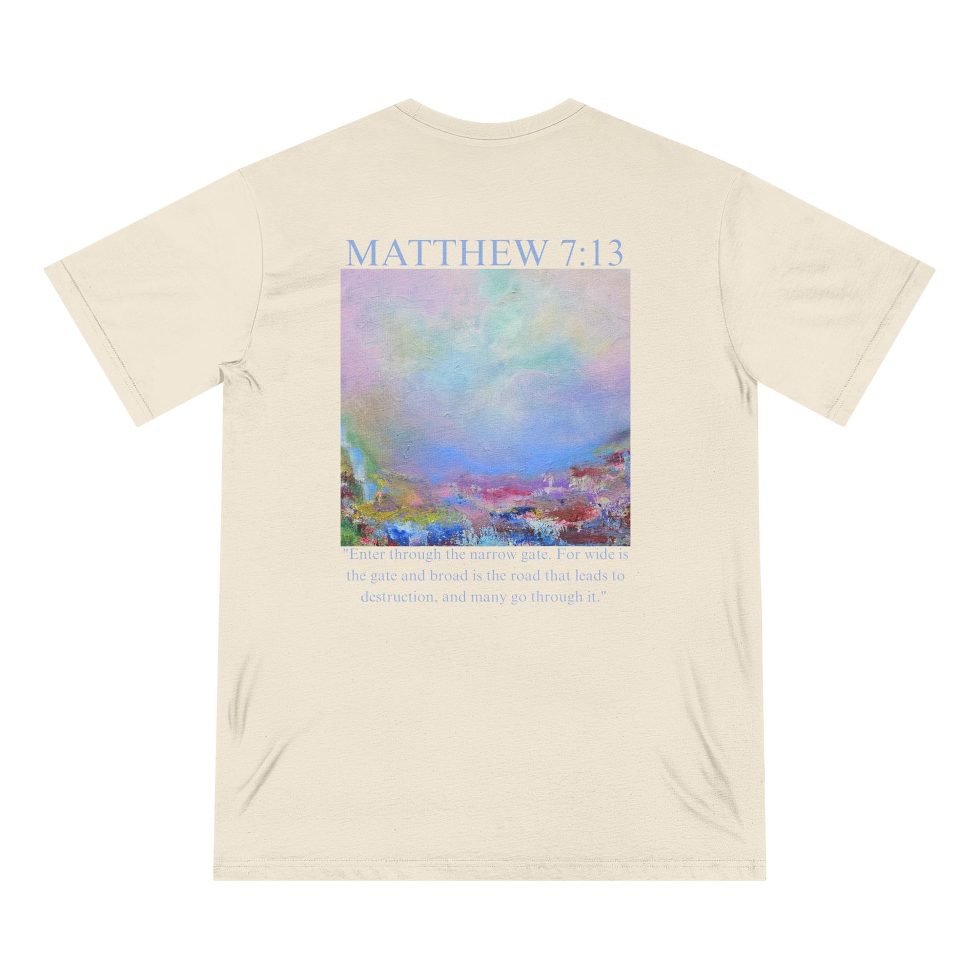 Matthew 7:13 Organic Cotton Christian T-Shirt — Scripture Graphic Tee with Pastel Landscape