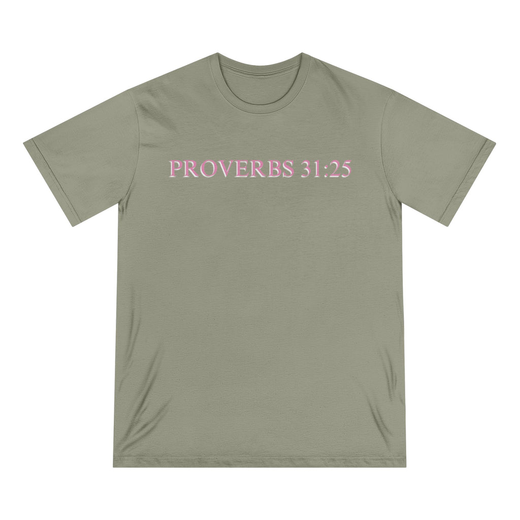 Proverbs 31:25 Organic T-Shirt — Pink Cloud Bible Verse Tee