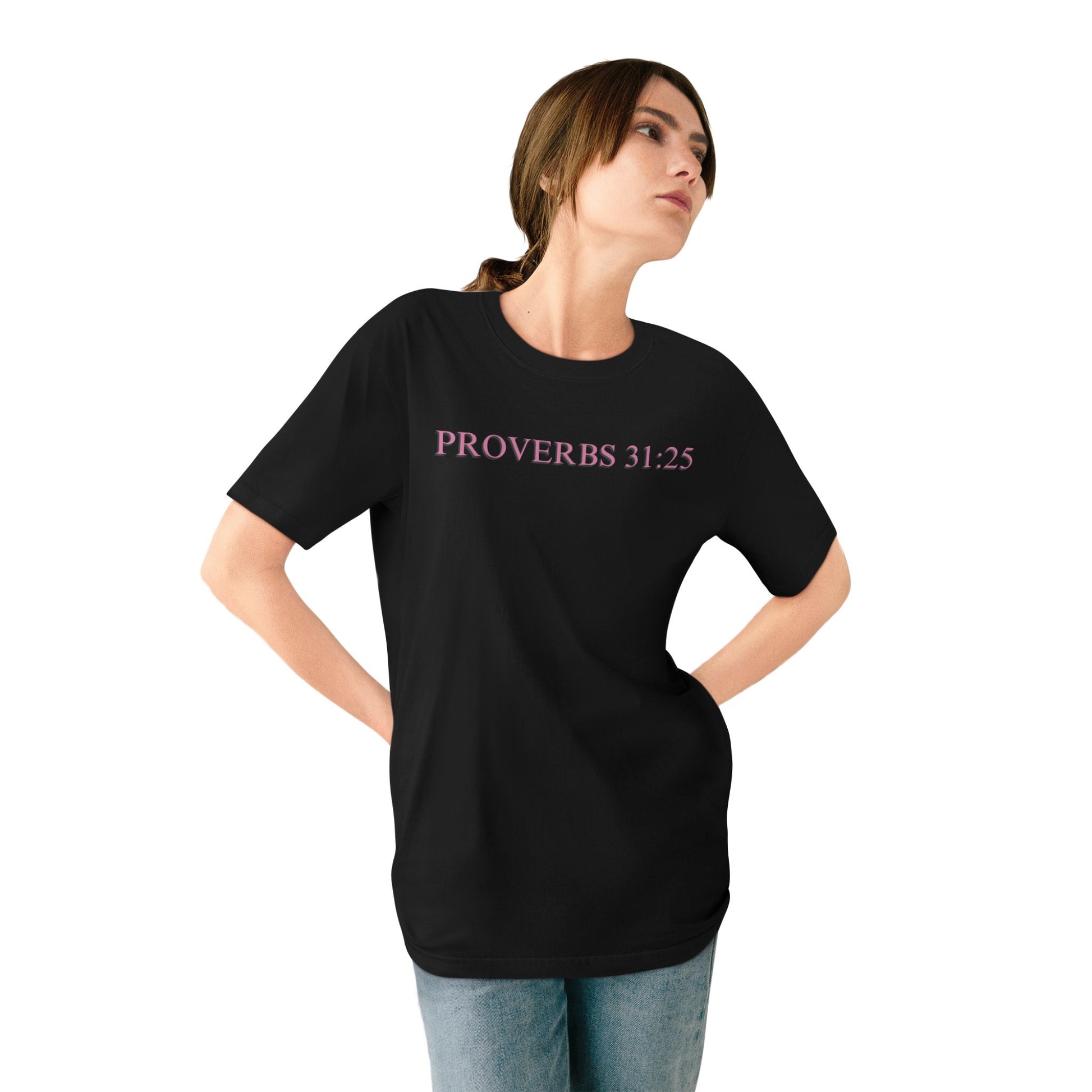 Proverbs 31:25 Organic T-Shirt — Pink Cloud Bible Verse Tee