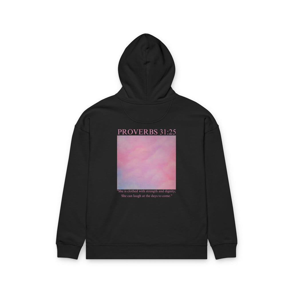 Proverbs 31:25 Cotton Hoodie — Pink Cloud Scripture Fleece