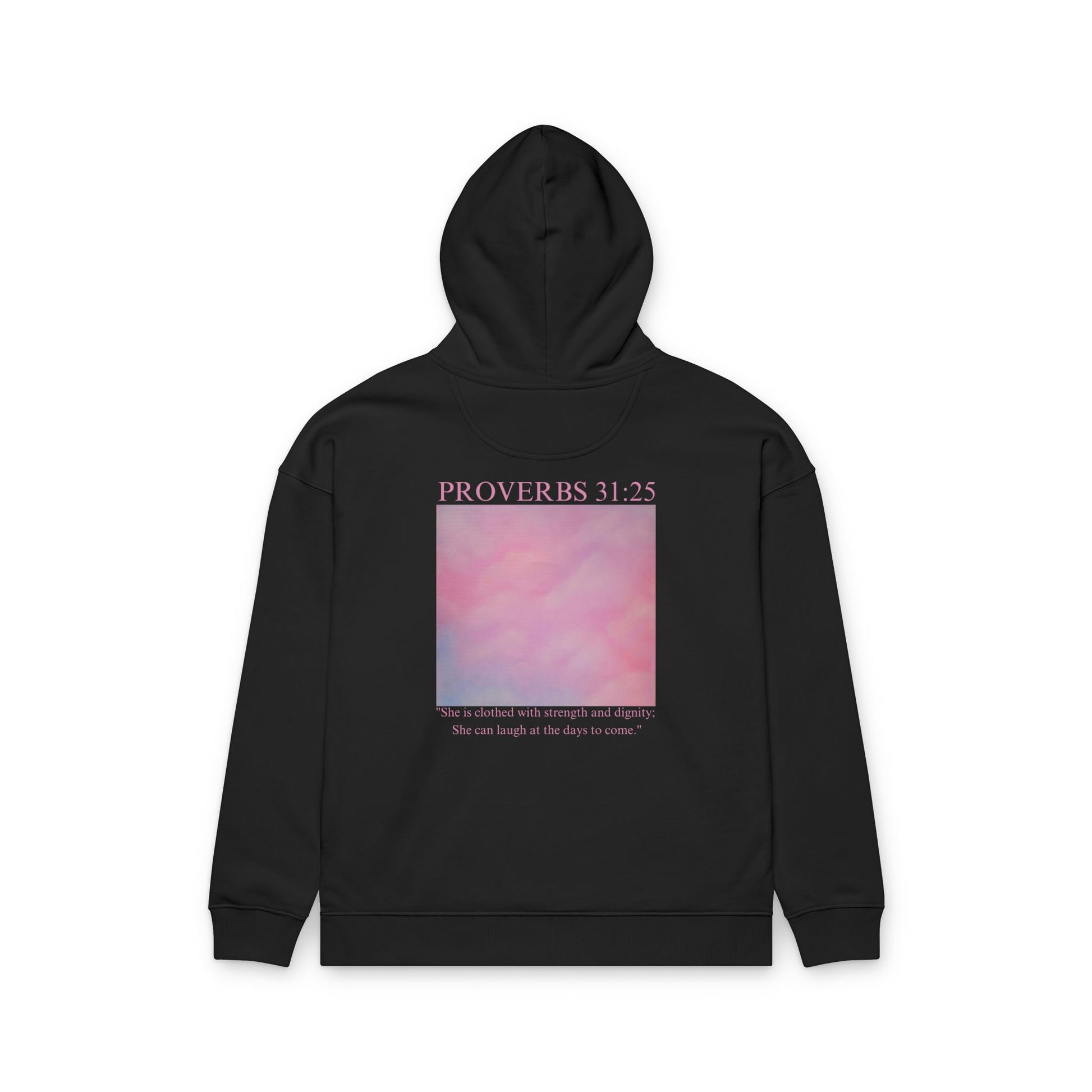 Proverbs 31:25 Cotton Hoodie — Pink Cloud Scripture Fleece