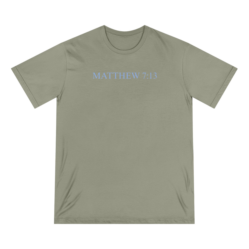 Matthew 7:13 Organic Cotton Christian T-Shirt — Scripture Graphic Tee with Pastel Landscape