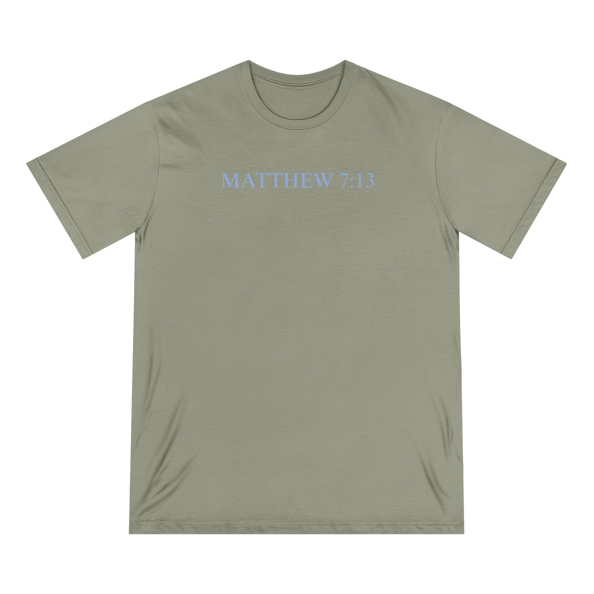 Matthew 7:13 Organic Cotton Christian T-Shirt — Scripture Graphic Tee with Pastel Landscape