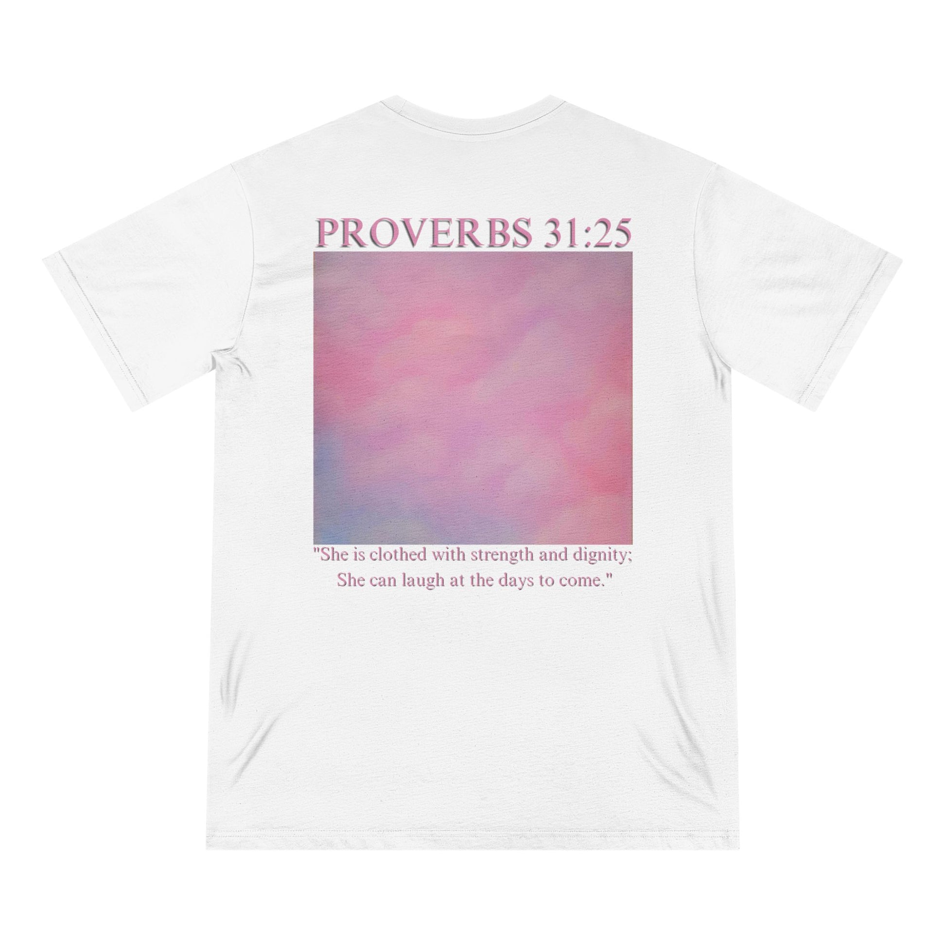 Proverbs 31:25 Organic T-Shirt — Pink Cloud Bible Verse Tee