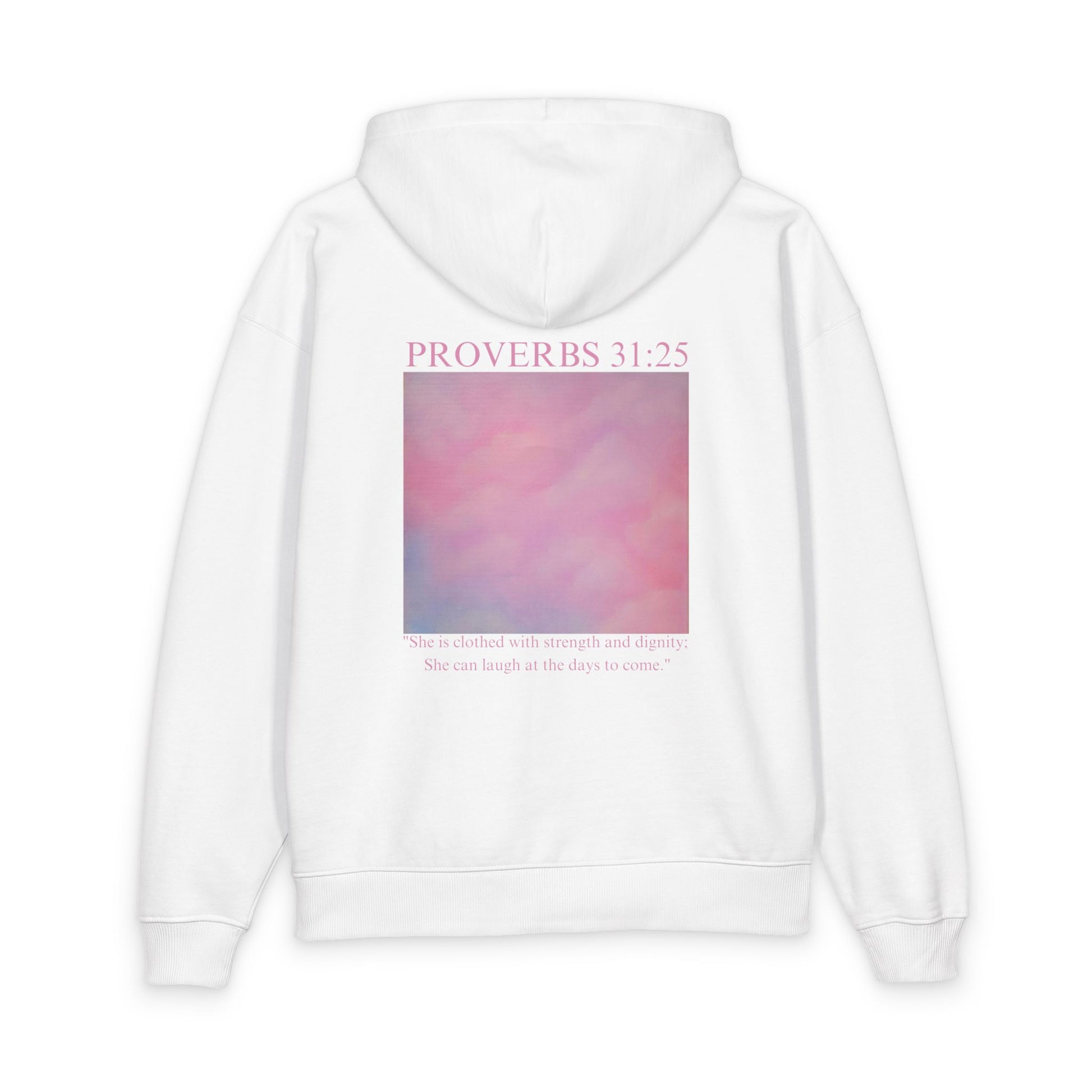 Proverbs 31:25 Cotton Hoodie — Pink Cloud Scripture Fleece