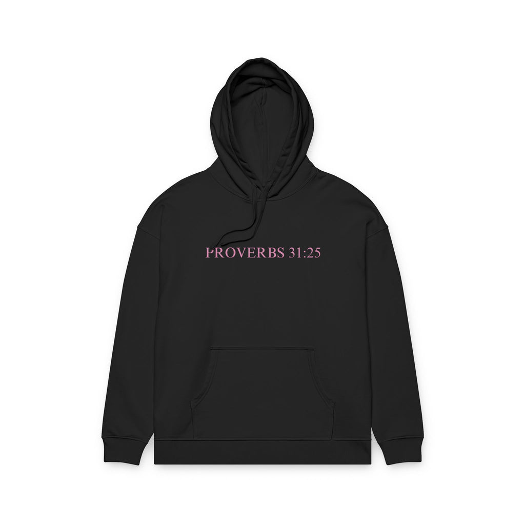 Proverbs 31:25 Cotton Hoodie — Pink Cloud Scripture Fleece