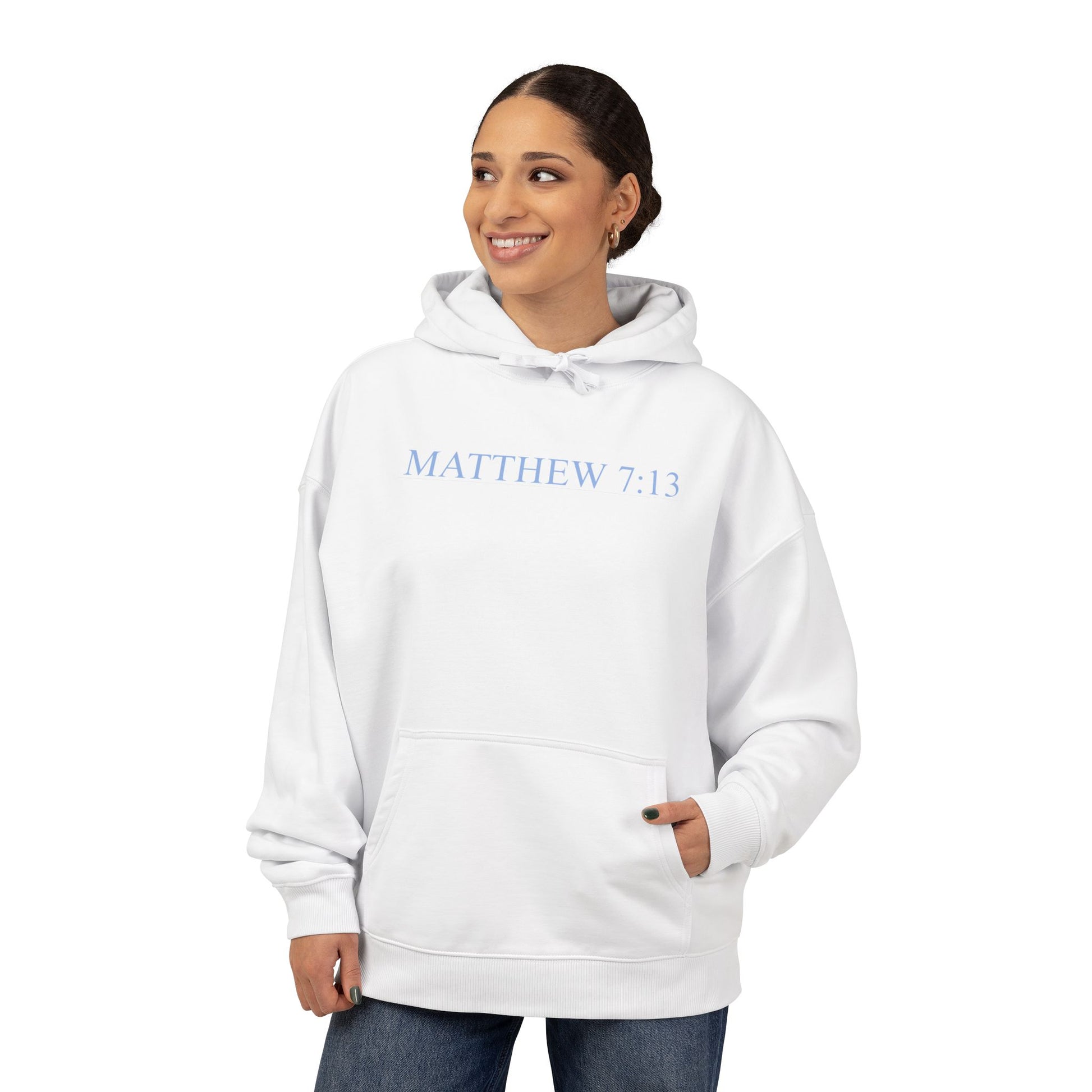 Matthew 7:13 Organic Cotton Hoodie — with Full Verse & Painting