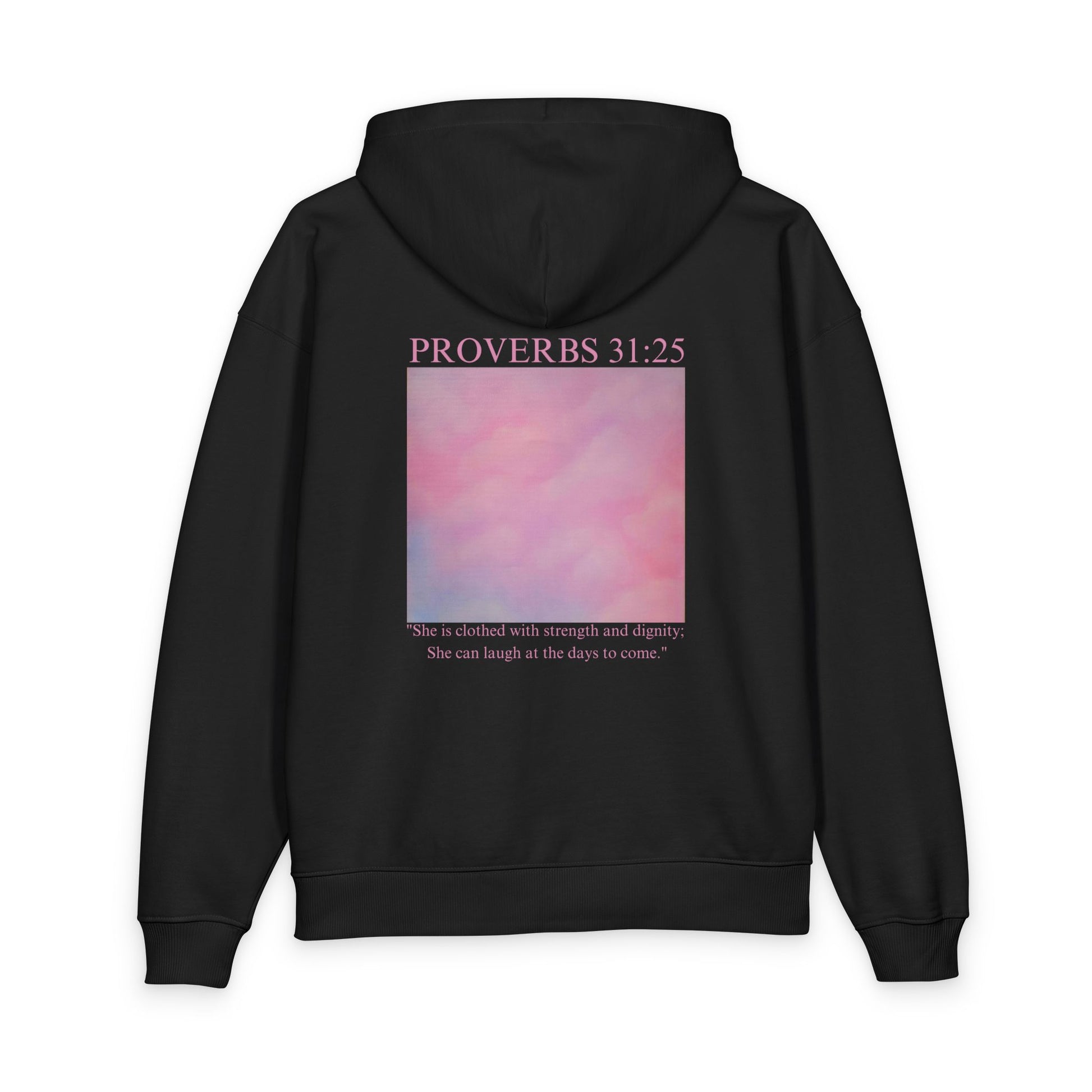 Proverbs 31:25 Cotton Hoodie — Pink Cloud Scripture Fleece