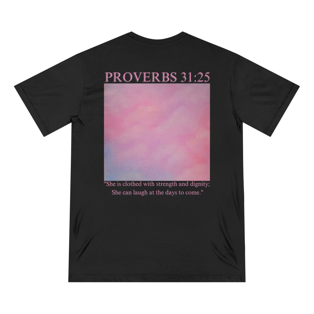 Proverbs 31:25 Organic T-Shirt — Pink Cloud Bible Verse Tee