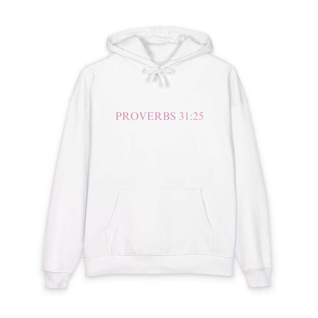 Proverbs 31:25 Cotton Hoodie — Pink Cloud Scripture Fleece
