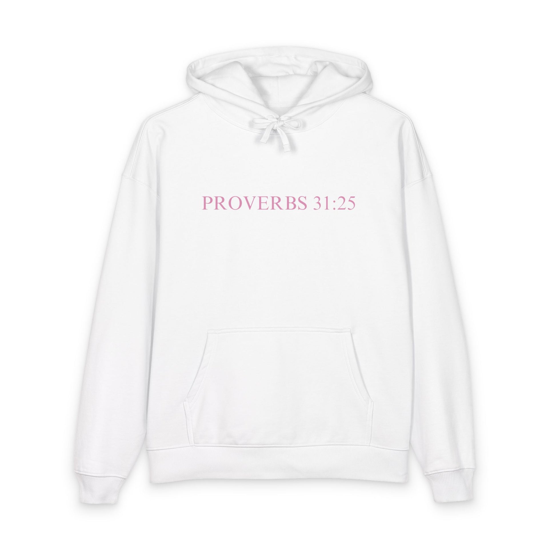 Proverbs 31:25 Cotton Hoodie — Pink Cloud Scripture Fleece