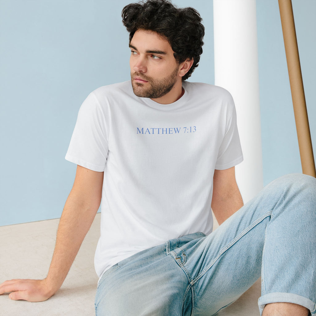 Matthew 7:13 Organic Cotton Christian T-Shirt — Scripture Graphic Tee with Pastel Landscape