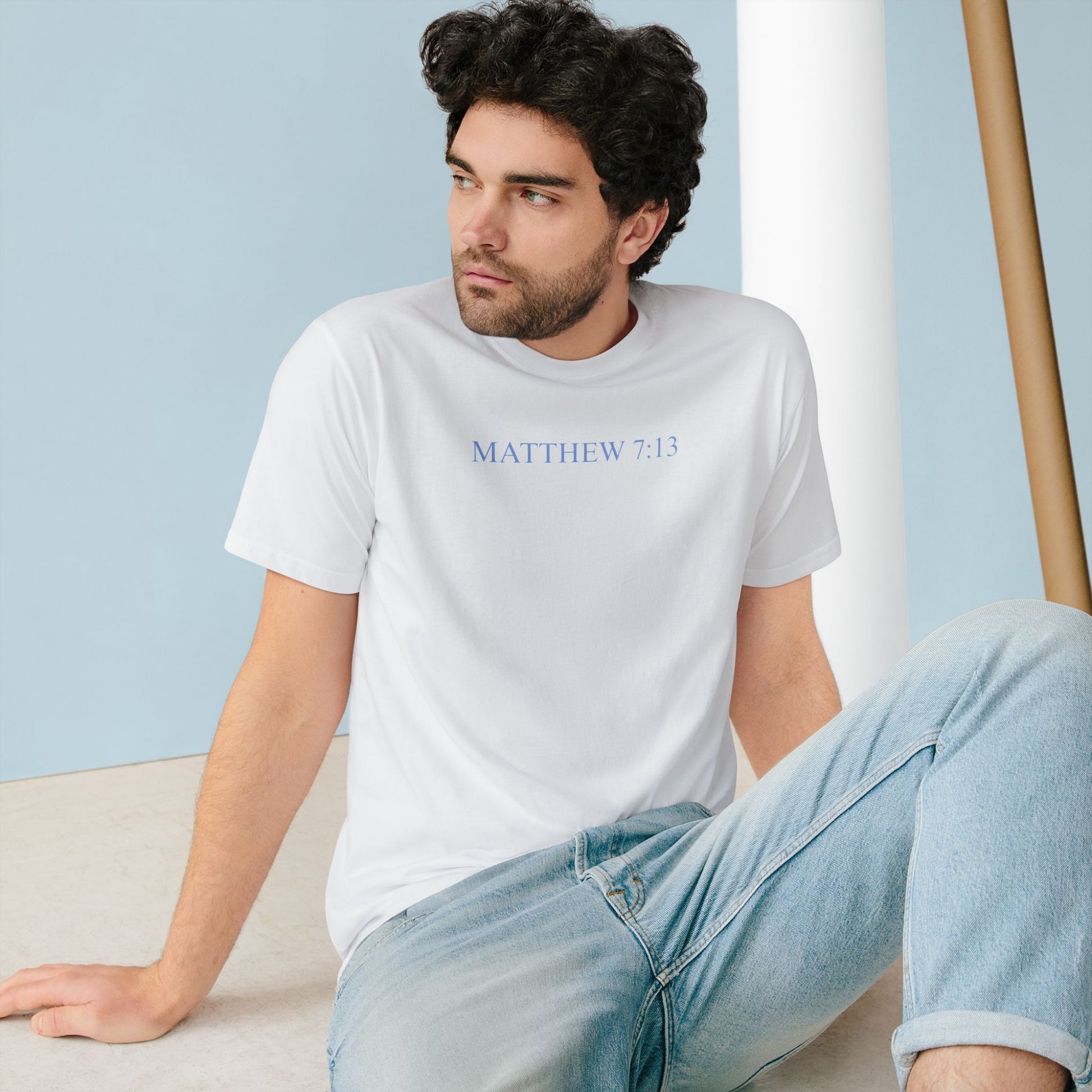 Matthew 7:13 Organic Cotton Christian T-Shirt — Scripture Graphic Tee with Pastel Landscape