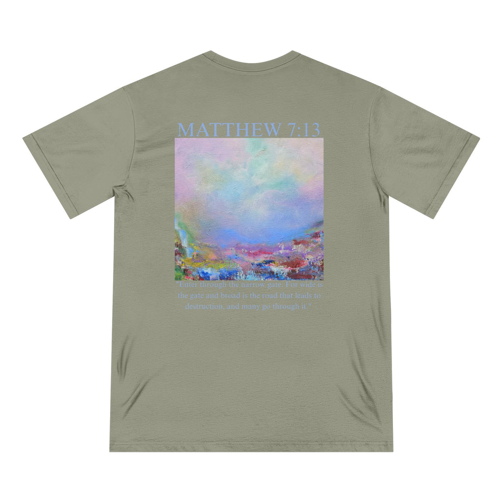 Matthew 7:13 Organic Cotton Christian T-Shirt — Scripture Graphic Tee with Pastel Landscape