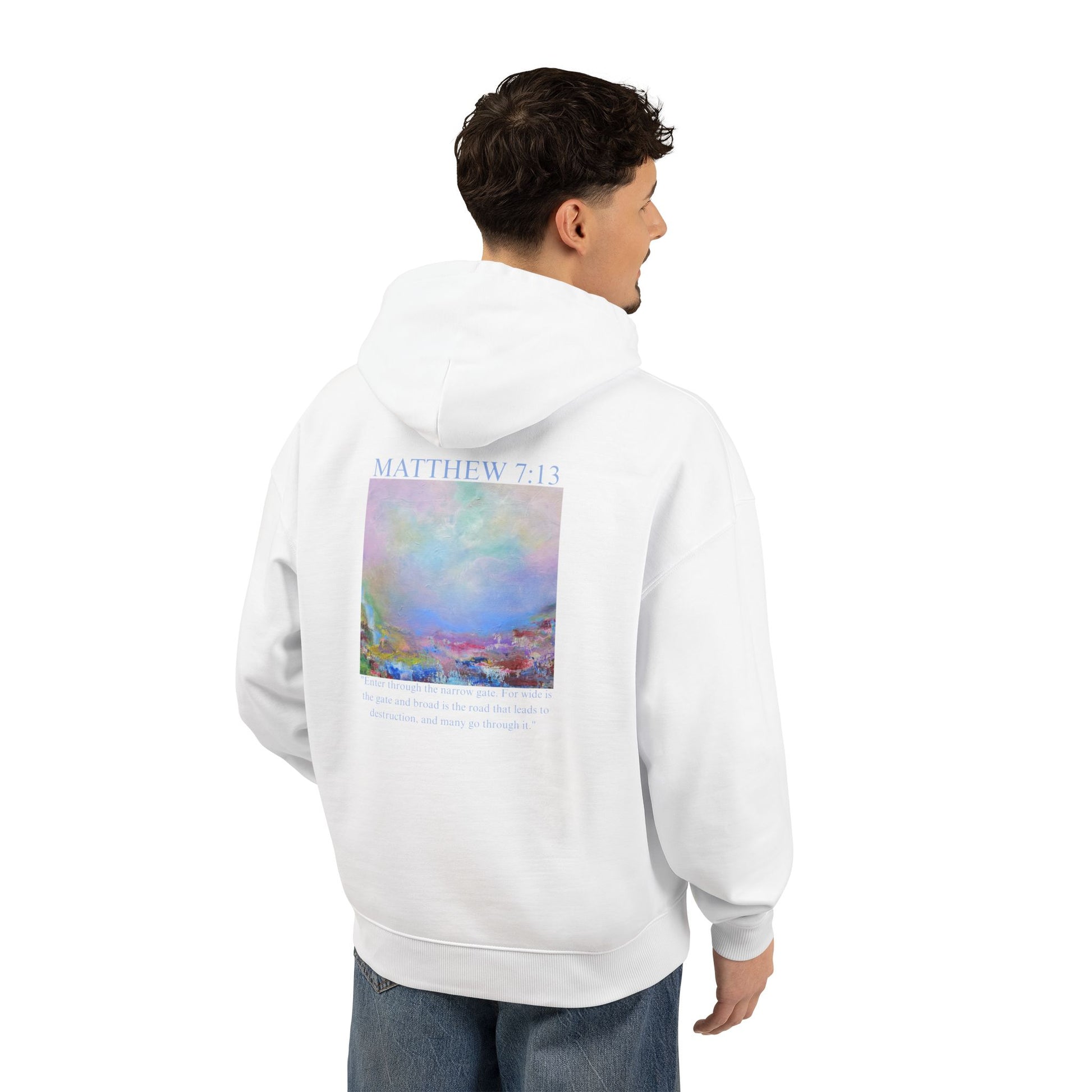 Matthew 7:13 Organic Cotton Hoodie — with Full Verse & Painting