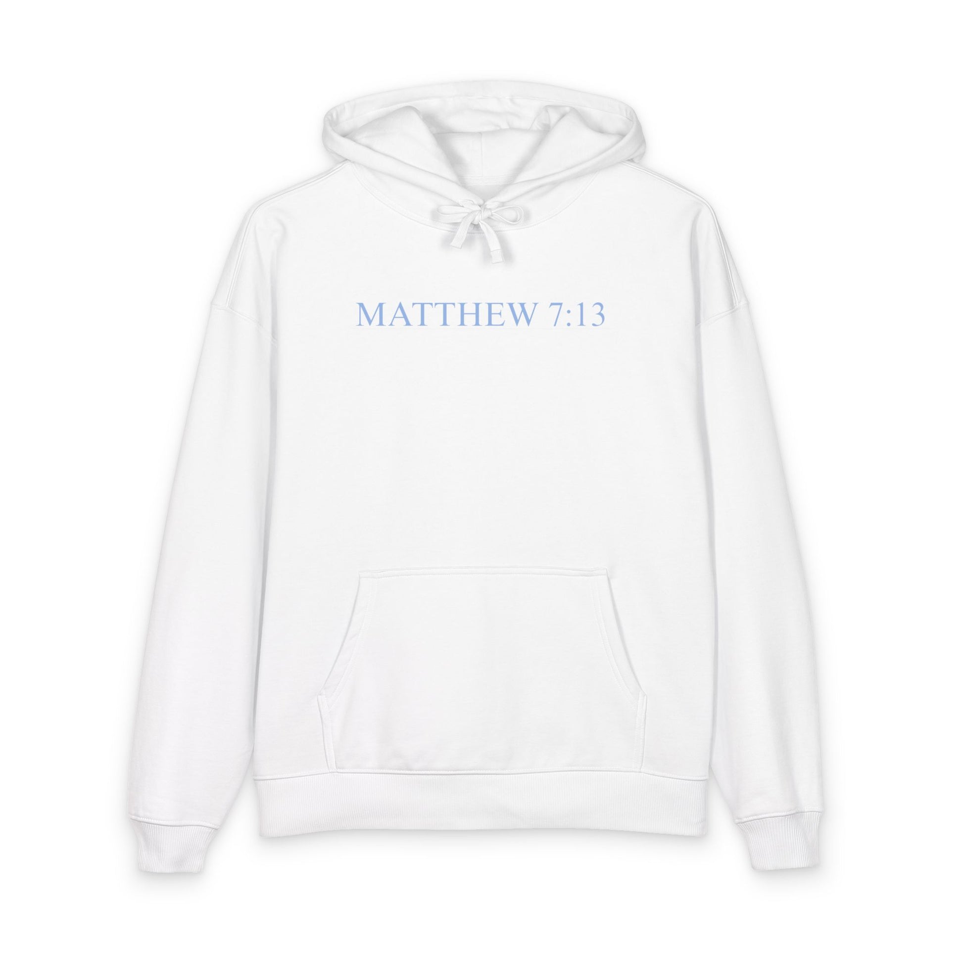 Matthew 7:13 Organic Cotton Hoodie — with Full Verse & Painting
