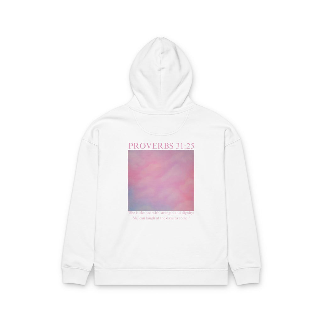 Proverbs 31:25 Cotton Hoodie — Pink Cloud Scripture Fleece