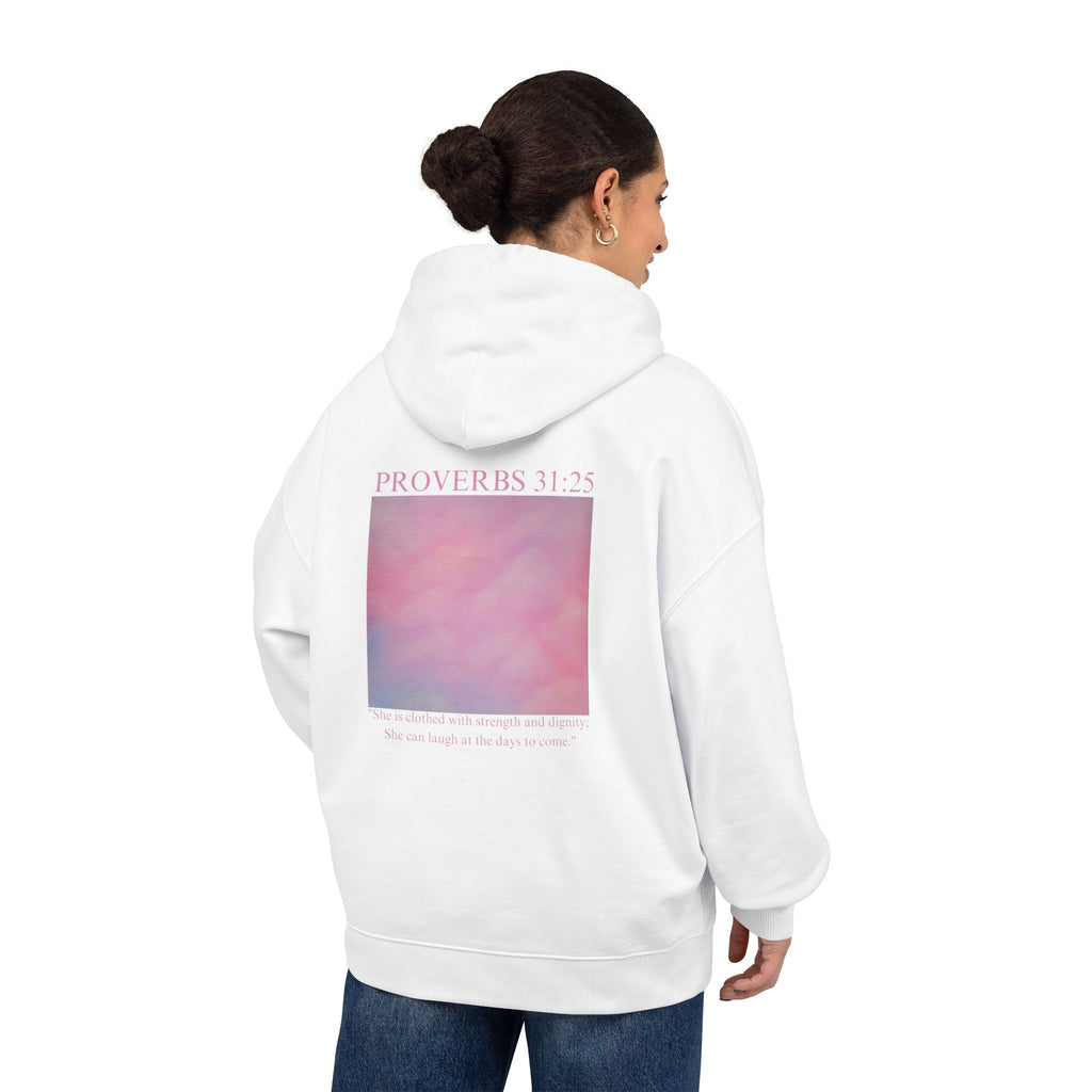 Proverbs 31:25 Cotton Hoodie — Pink Cloud Scripture Fleece