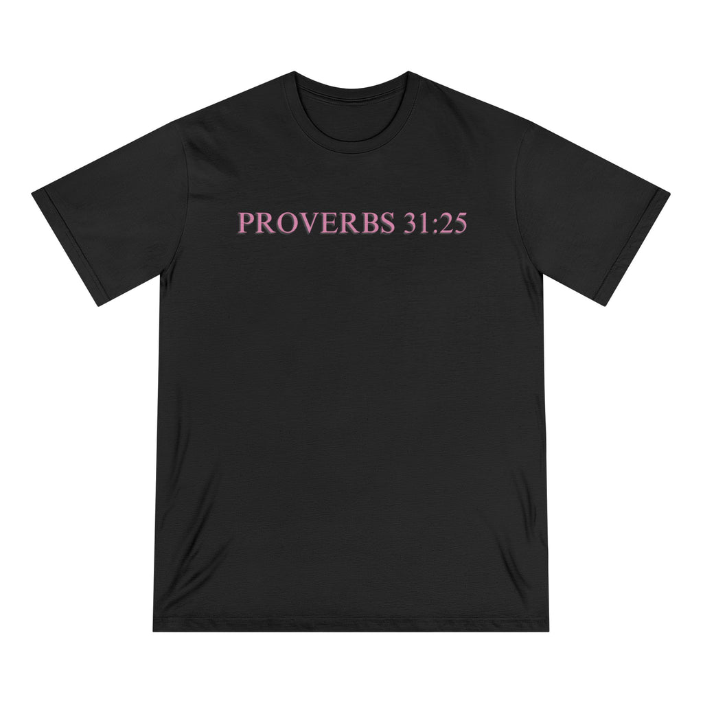 Proverbs 31:25 Organic T-Shirt — Pink Cloud Bible Verse Tee