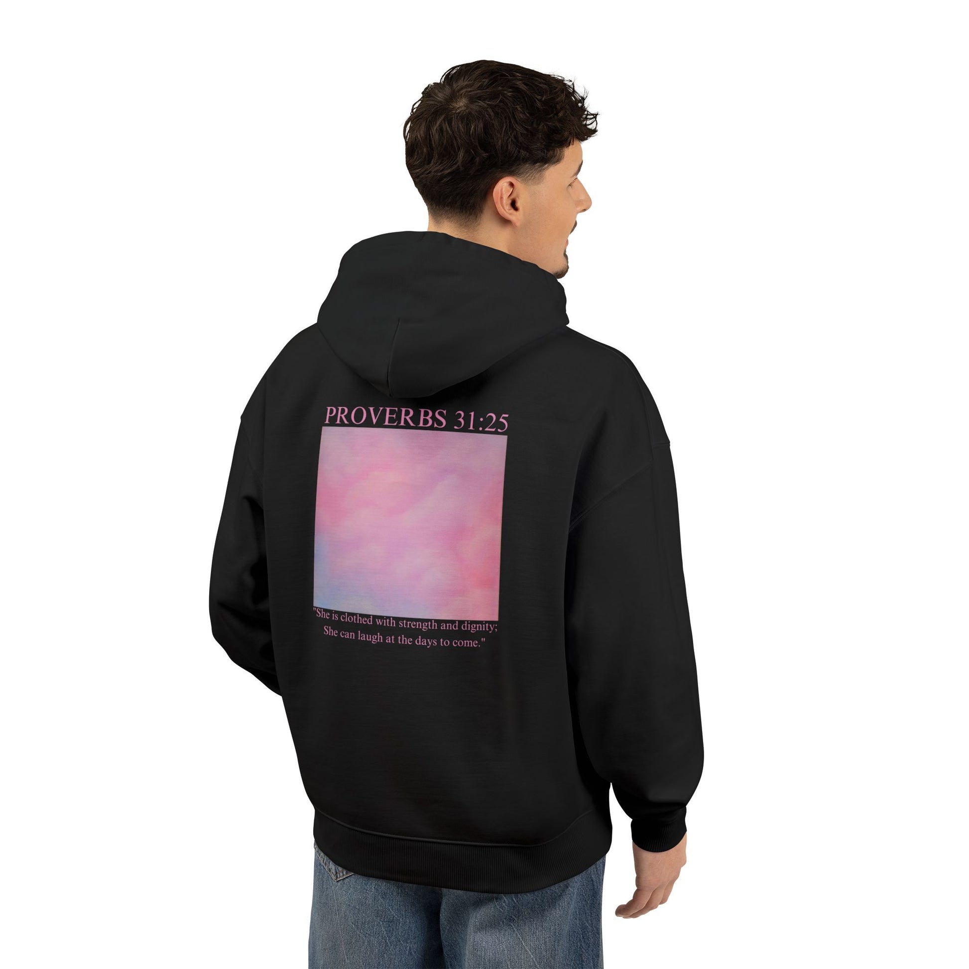 Proverbs 31:25 Cotton Hoodie — Pink Cloud Scripture Fleece