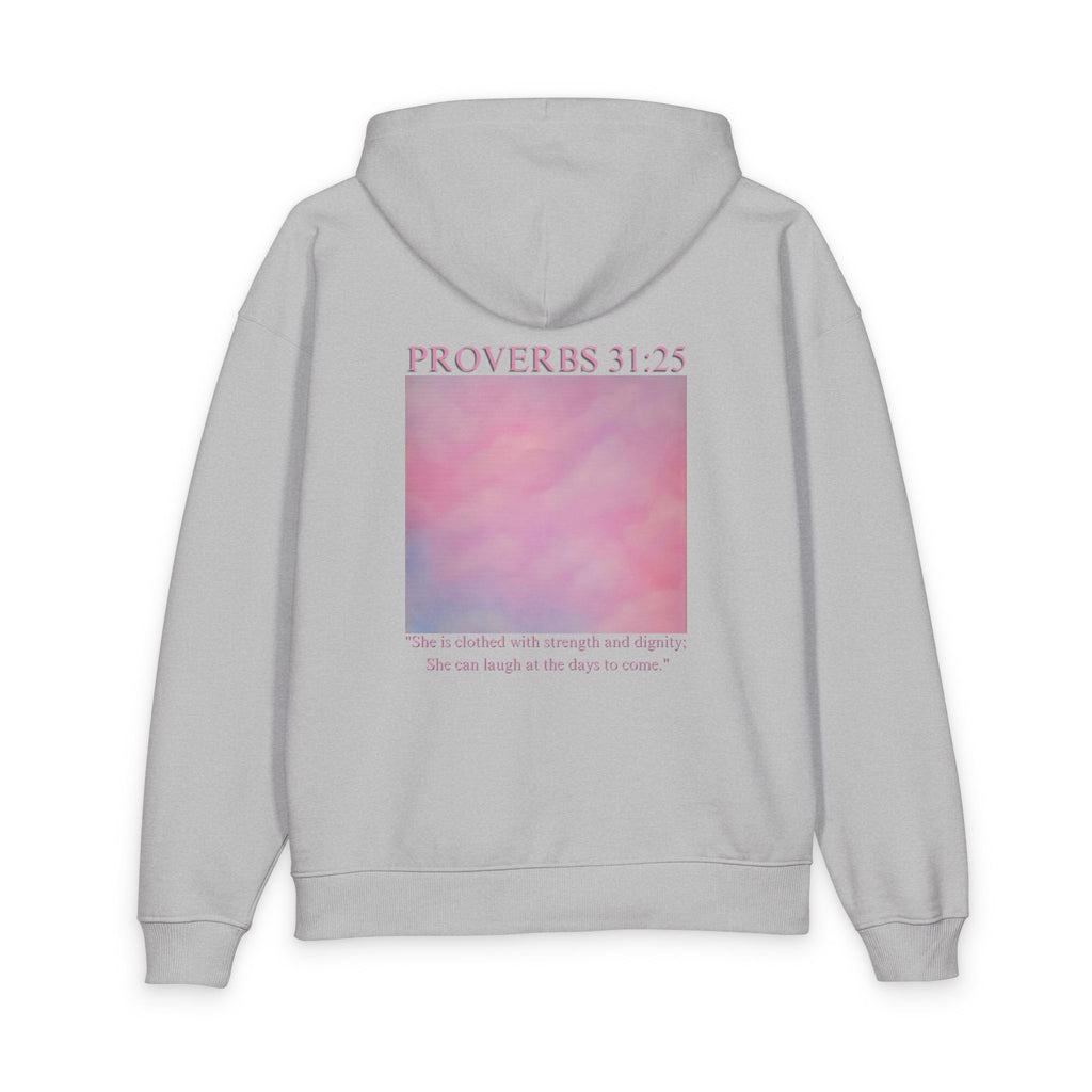 Proverbs 31:25 Cotton Hoodie — Pink Cloud Scripture Fleece