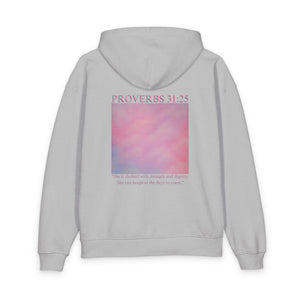 Proverbs 31:25 Cotton Hoodie — Pink Cloud Scripture Fleece