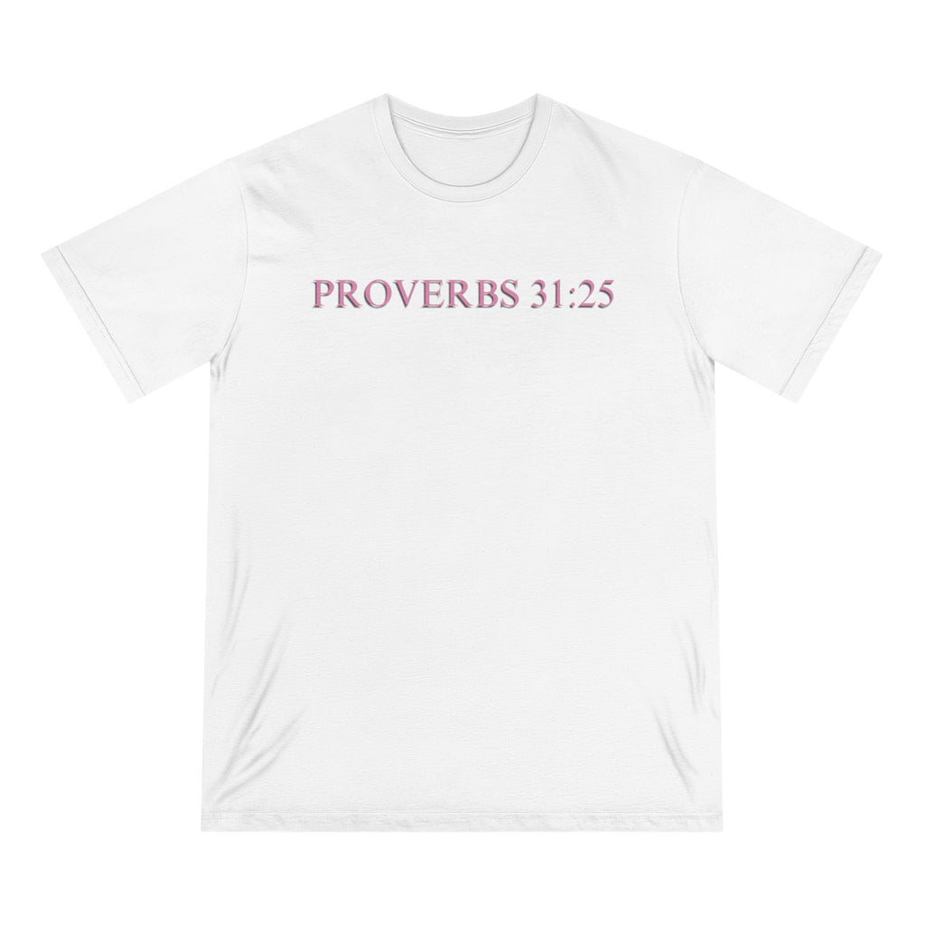 Proverbs 31:25 Organic T-Shirt — Pink Cloud Bible Verse Tee