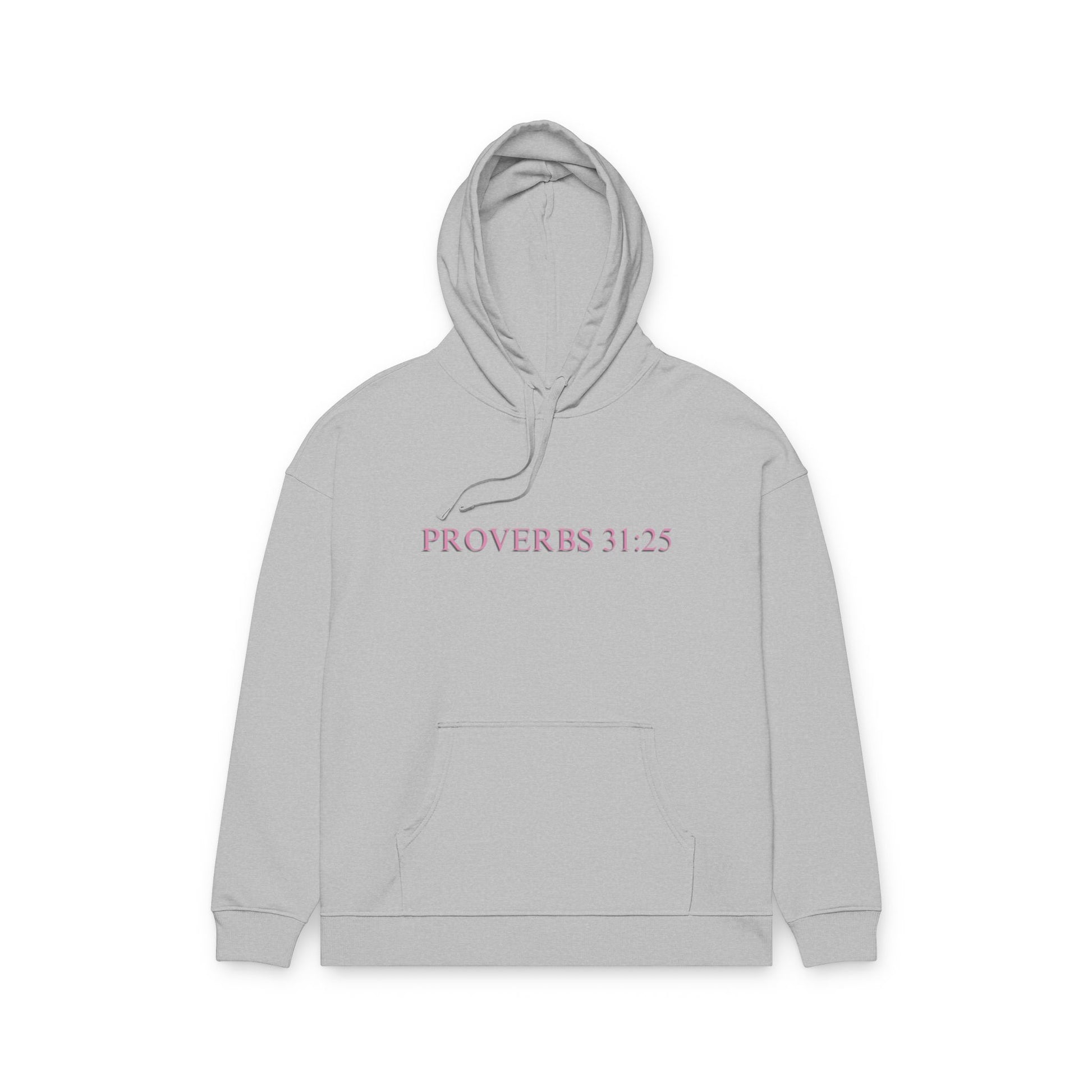 Proverbs 31:25 Cotton Hoodie — Pink Cloud Scripture Fleece