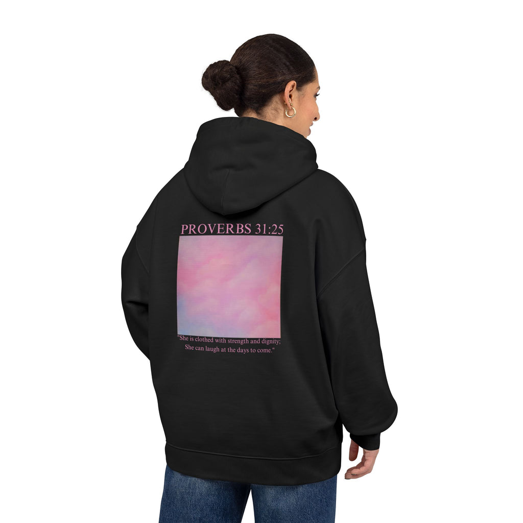 Proverbs 31:25 Cotton Hoodie — Pink Cloud Scripture Fleece