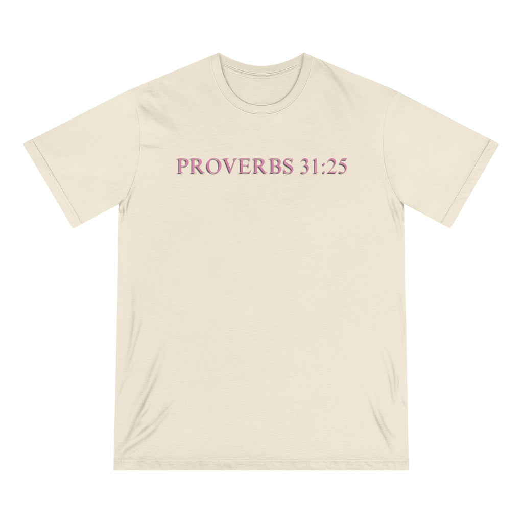 Proverbs 31:25 Organic T-Shirt — Pink Cloud Bible Verse Tee