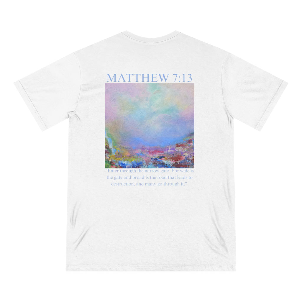 Matthew 7:13 Organic Cotton Christian T-Shirt — Scripture Graphic Tee with Pastel Landscape