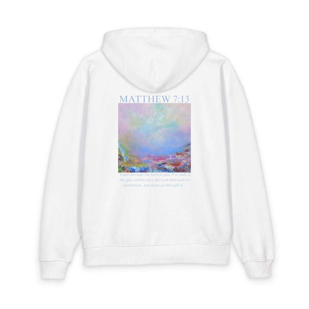 Matthew 7:13 Organic Cotton Hoodie — with Full Verse & Painting