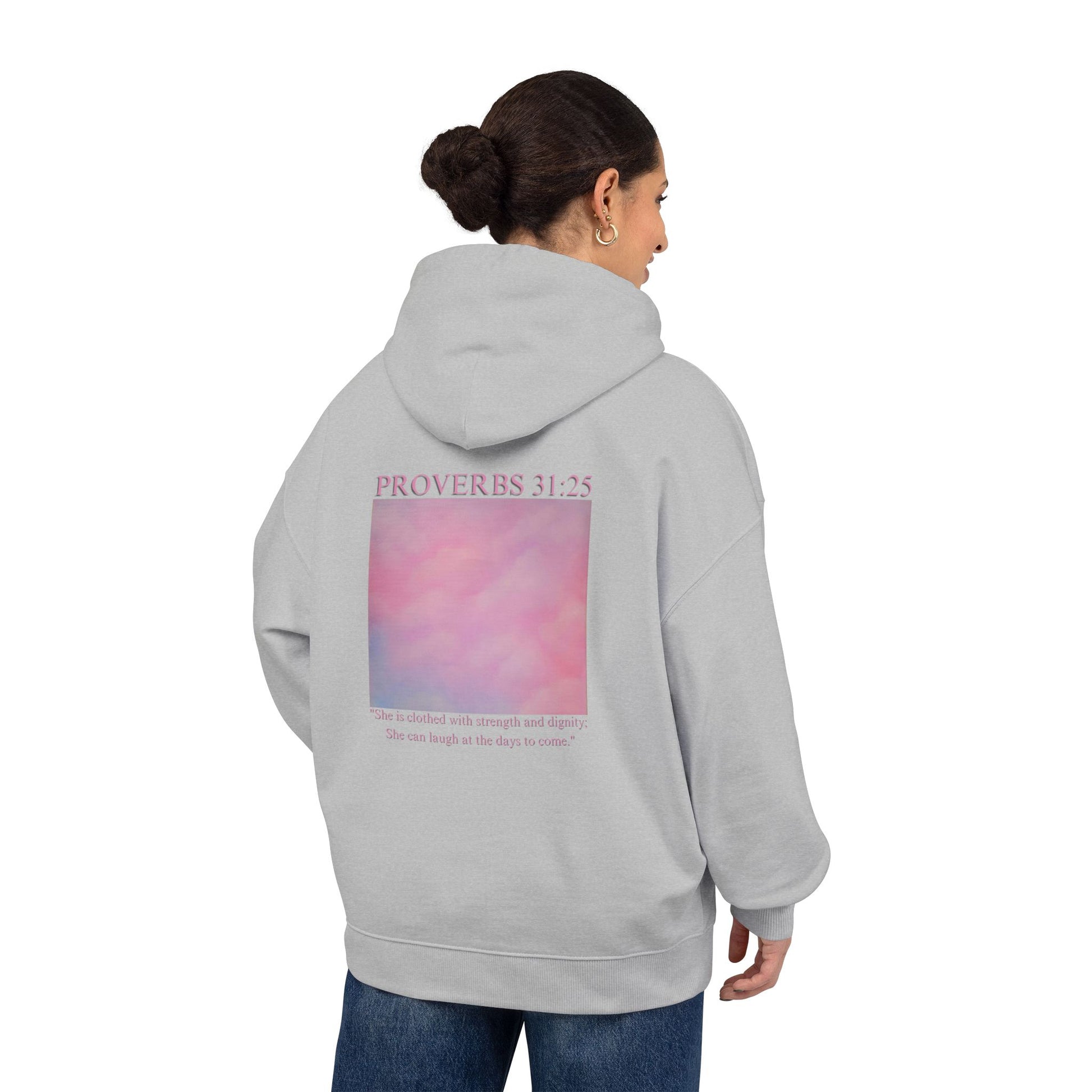 Proverbs 31:25 Cotton Hoodie — Pink Cloud Scripture Fleece