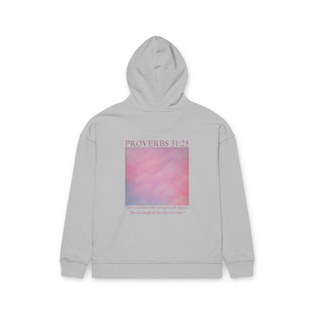 Proverbs 31:25 Cotton Hoodie — Pink Cloud Scripture Fleece