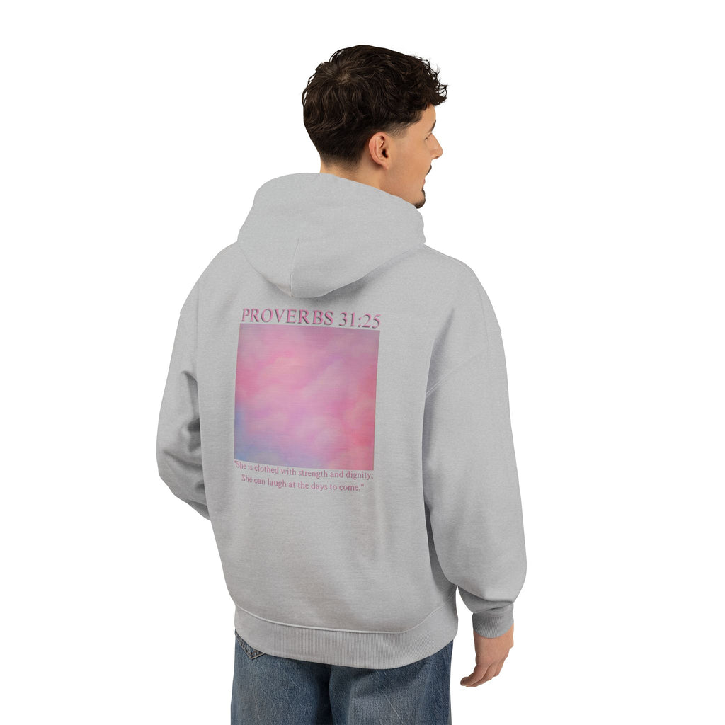Proverbs 31:25 Cotton Hoodie — Pink Cloud Scripture Fleece