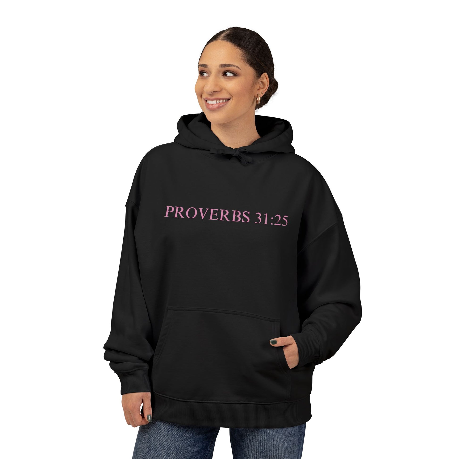 Proverbs 31:25 Cotton Hoodie — Pink Cloud Scripture Fleece