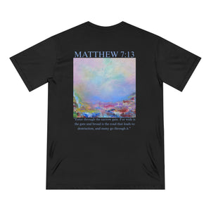 Matthew 7:13 Organic Cotton Christian T-Shirt — Scripture Graphic Tee with Pastel Landscape