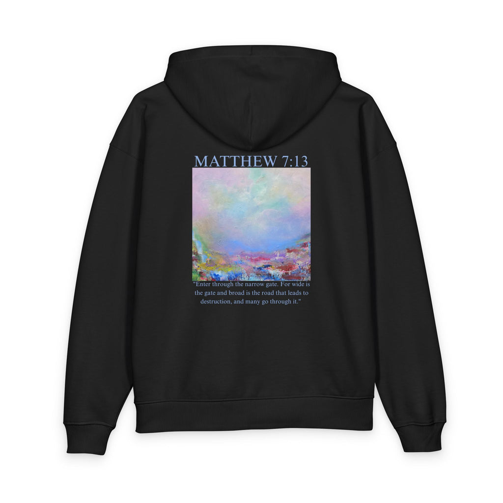 Matthew 7:13 Organic Cotton Hoodie — with Full Verse & Painting