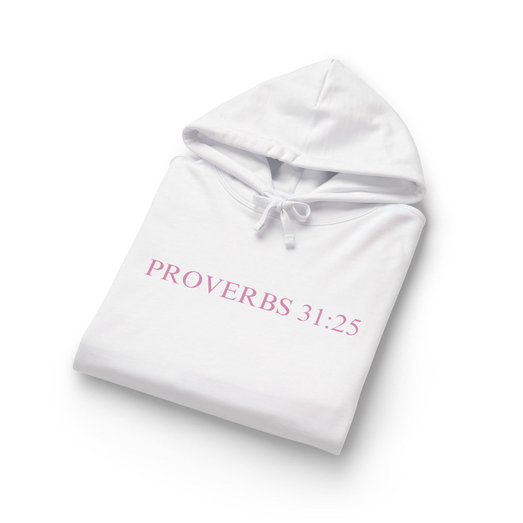 Proverbs 31:25 Cotton Hoodie — Pink Cloud Scripture Fleece