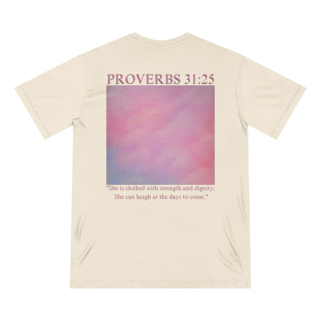 Proverbs 31:25 Organic T-Shirt — Pink Cloud Bible Verse Tee