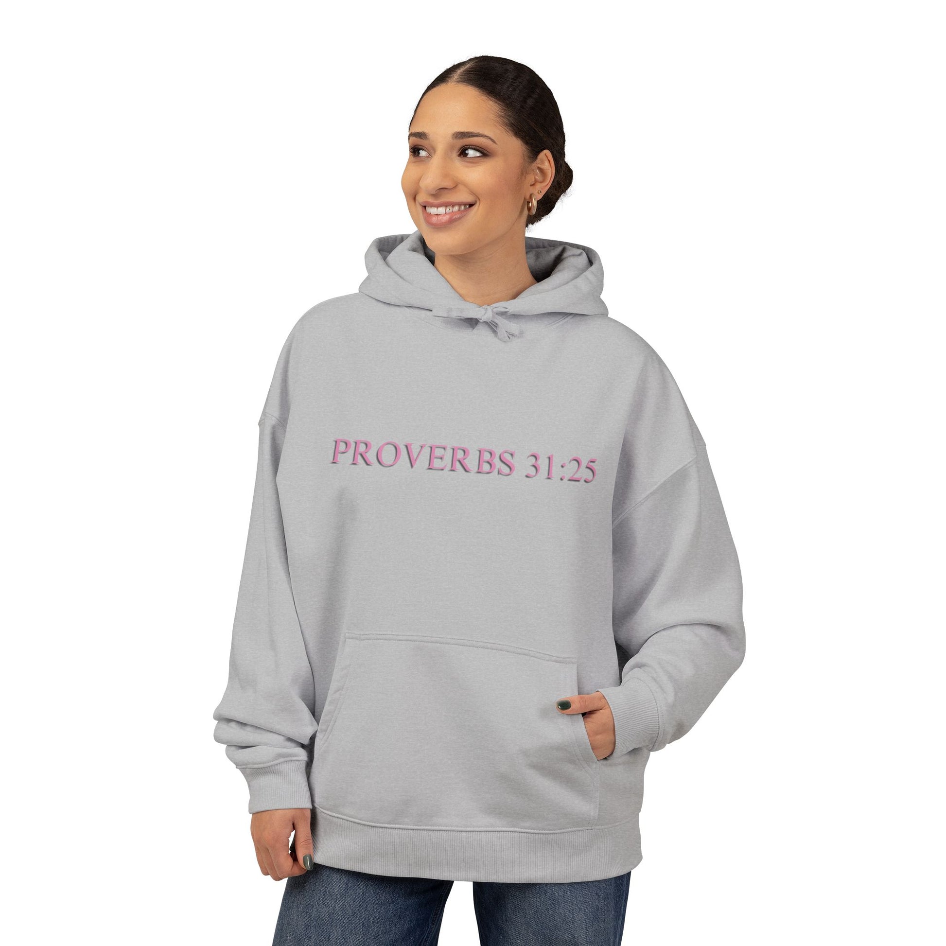 Proverbs 31:25 Cotton Hoodie — Pink Cloud Scripture Fleece